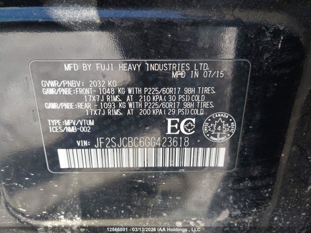 Aukcja sprzedaży 2016 Subaru Forester 2.5i, vin: JF2SJCBC6GG423618, numer aukcji: 12566801