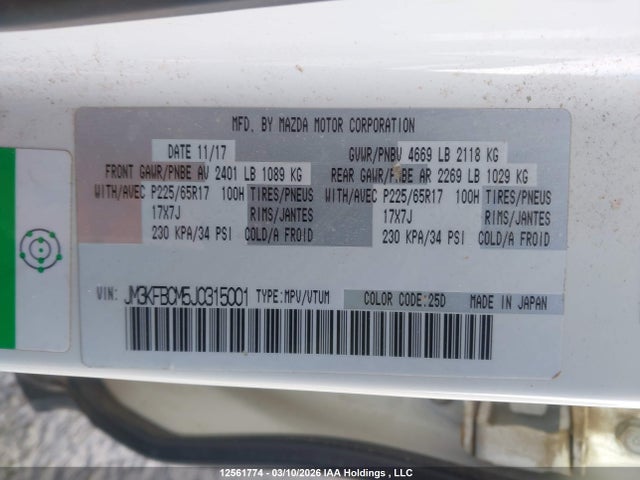 Aukcja sprzedaży 2018 Mazda Cx-5 Gs, vin: JM3KFBCM5J0315001, numer aukcji: 12561774