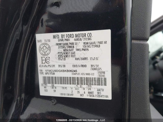 Aukcja sprzedaży 2011 Ford Escape Xlt, vin: 1FMCU9DGXBKB06245, numer aukcji: 12566805