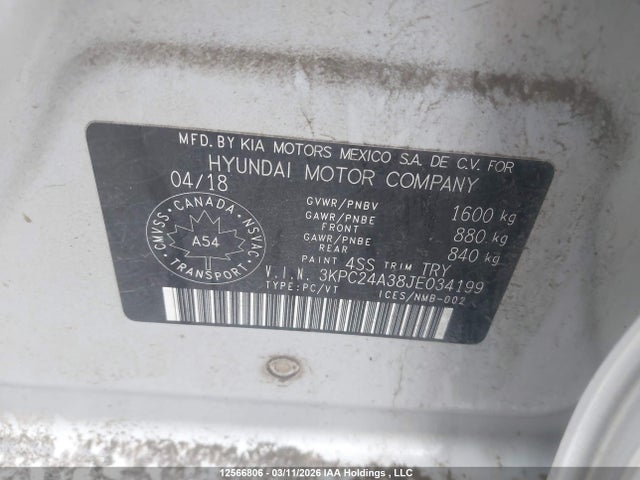 12566806 :رقم المزاد ، 3KPC24A38JE034199 vin ، 2018 Hyundai Accent Se/sel مزاد بيع
