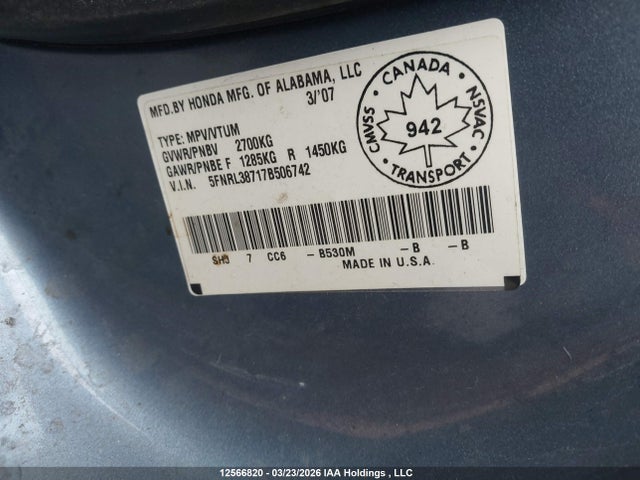 Продаж на аукціоні авто 2007 Honda Odyssey Ex-l, vin: 5FNRL38717B506742, номер лоту: 12566820