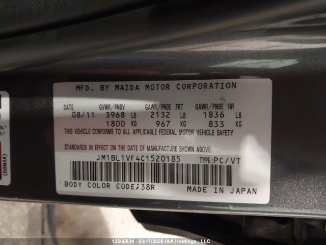 Aukcja sprzedaży 2012 Mazda Mazda3 Gs, vin: JM1BL1VF4C1520185, numer aukcji: 12566834