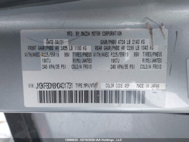 Aukcja sprzedaży 2021 Mazda Cx-5 Grand Touring, vin: JM3KFBDM8M0401731, numer aukcji: 12566835