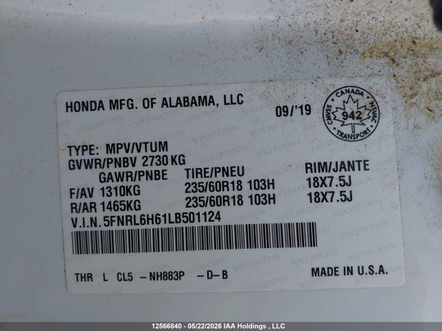 5FNRL6H61LB501124 Honda ODYSSEY EXL