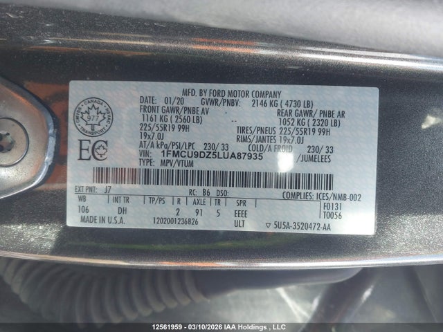 12561959 :رقم المزاد ، 1FMCU9DZ5LUA87935 vin ، 2020 Ford Escape Titanium Hybrid مزاد بيع