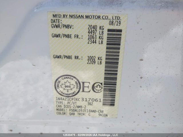 1N4AZ1CP3KC317061 Nissan Leaf S/sl/sv