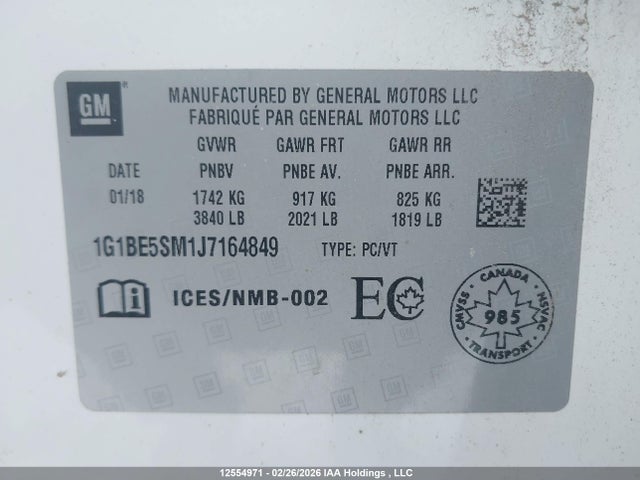1G1BE5SM1J7164849 Chevrolet Cruze Lt Auto