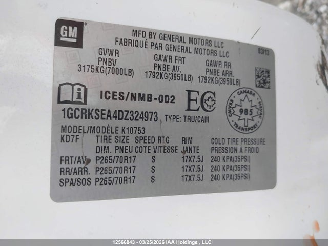 2013 Chevrolet Silverado 1500 მანქანა იყიდება აუქციონზე, vin: 1GCRKSEA4DZ324973, აუქციონის ნომერი: 12566843