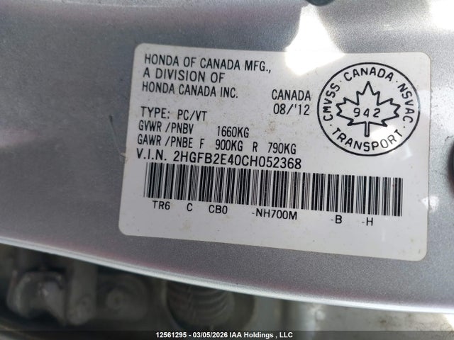 2012 Honda Civic Lx მანქანა იყიდება აუქციონზე, vin: 2HGFB2E40CH052368, აუქციონის ნომერი: 12561295