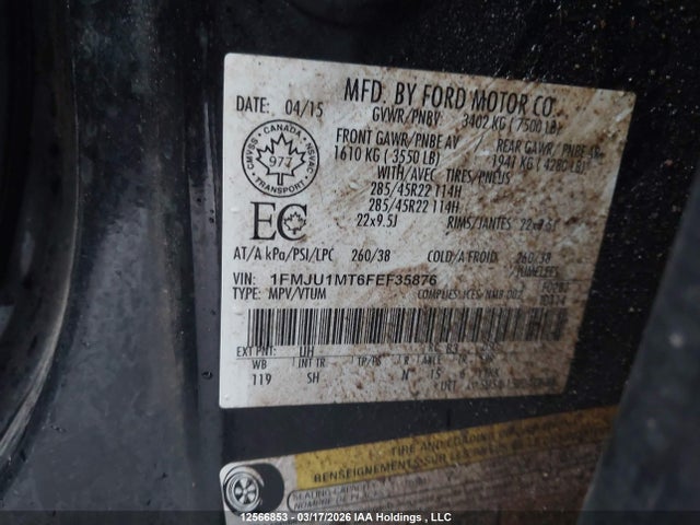 2015 Ford Expedition Platinum მანქანა იყიდება აუქციონზე, vin: 1FMJU1MT6FEF35876, აუქციონის ნომერი: 12566853