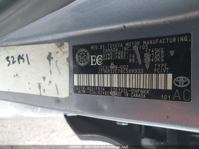 12566860 :رقم المزاد ، 2T1KR32E76C568933 vin ، 2006 Toyota Corolla Matrix Xr مزاد بيع