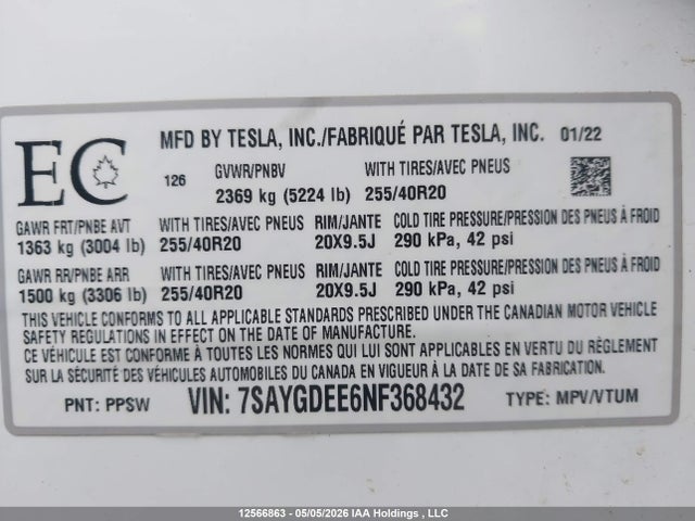 12566863 :رقم المزاد ، 7SAYGDEE6NF368432 vin ، 2022 Tesla Model Y Long Range مزاد بيع