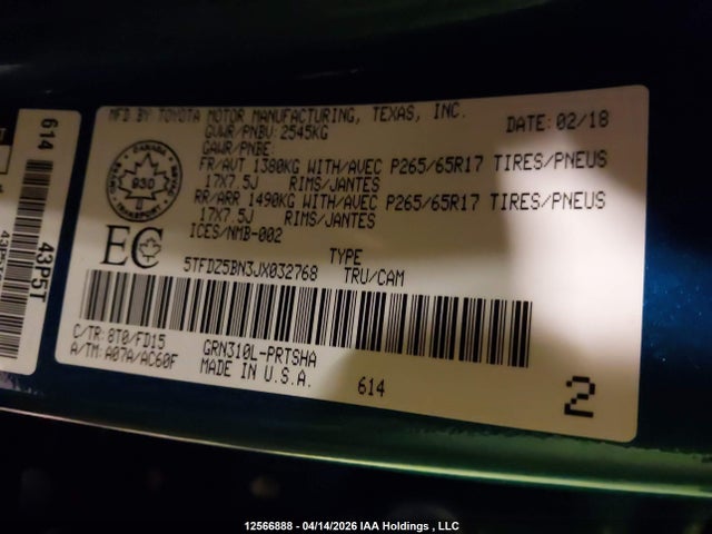 5TFDZ5BN3JX032768 Toyota Tacoma Dbl Cab/sr5/trd Sport/or