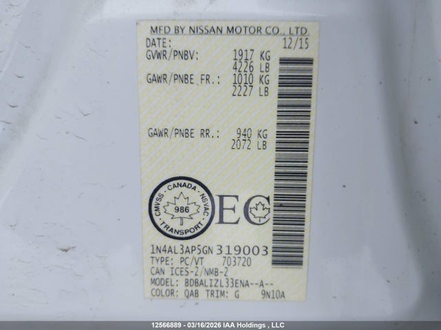 Aukcja sprzedaży 2016 Nissan Altima 2.5/2.5 S/2.5 Sl Tech/2.5 Sr/2.5 Sv, vin: 1N4AL3AP5GN319003, numer aukcji: 12566889