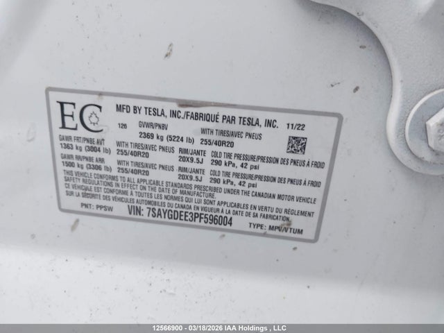 Продаж на аукціоні авто 2023 Tesla Model Y Long Range, vin: 7SAYGDEE3PF596004, номер лоту: 12566900