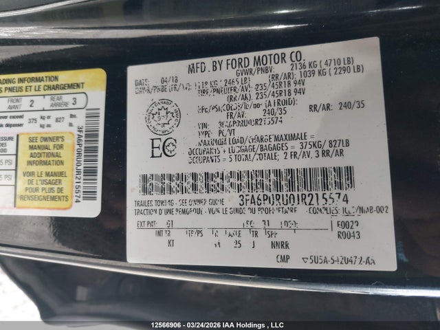 3FA6P0RU0JR215574 Ford Fusion Titanium/platinum Hev