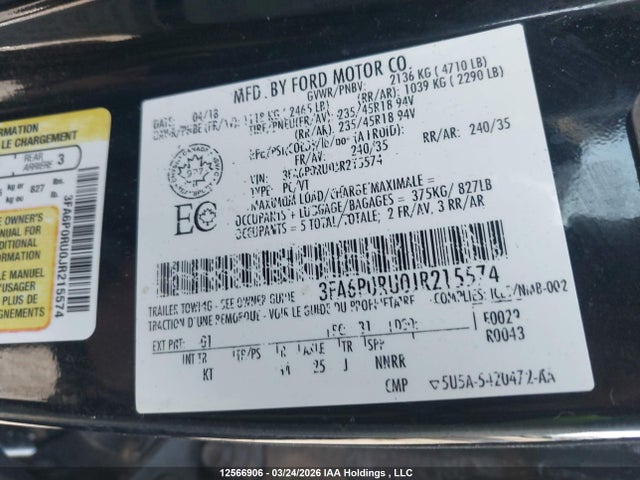 3FA6P0RU0JR215574 Ford Fusion Titanium/platinum Hev
