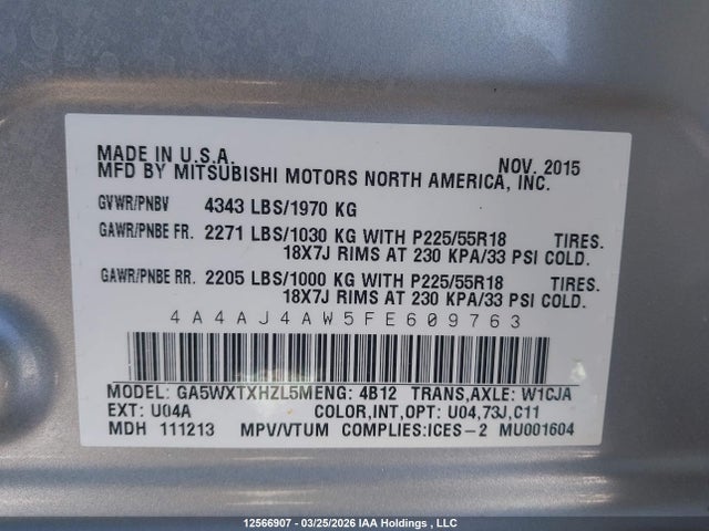 Aukcja sprzedaży 2015 Mitsubishi Rvr, vin: 4A4AJ4AW5FE609763, numer aukcji: 12566907