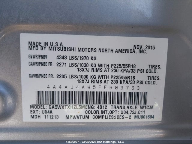 Aukcja sprzedaży 2015 Mitsubishi Rvr, vin: 4A4AJ4AW5FE609763, numer aukcji: 12566907