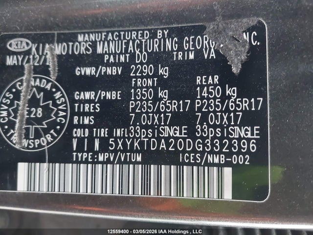 2013 Kia Sorento Lx V6 მანქანა იყიდება აუქციონზე, vin: 5XYKTDA20DG332396, აუქციონის ნომერი: 12559400