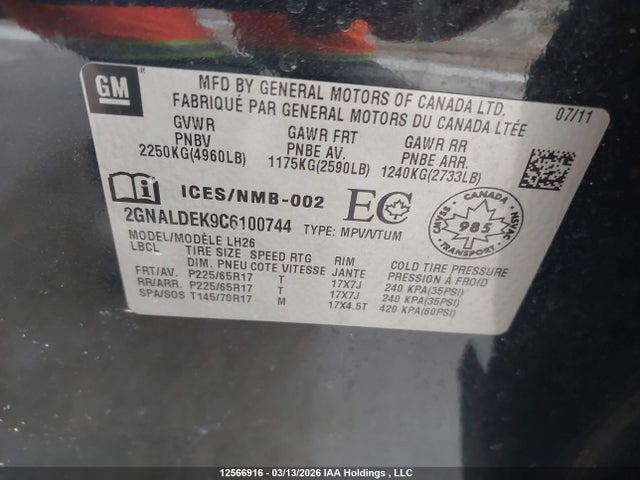 2012 Chevrolet Equinox 1lt მანქანა იყიდება აუქციონზე, vin: 2GNALDEK9C6100744, აუქციონის ნომერი: 12566916