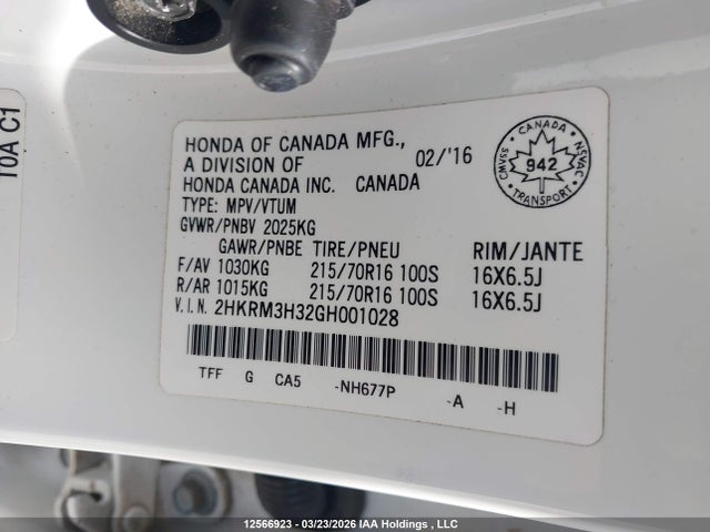 12566923 :رقم المزاد ، 2HKRM3H32GH001028 vin ، 2016 Honda Cr-v مزاد بيع