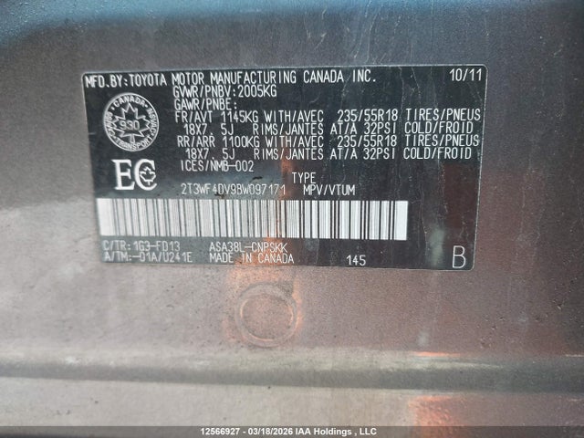 2011 Toyota Rav4 Sport მანქანა იყიდება აუქციონზე, vin: 2T3WF4DV9BW097171, აუქციონის ნომერი: 12566927