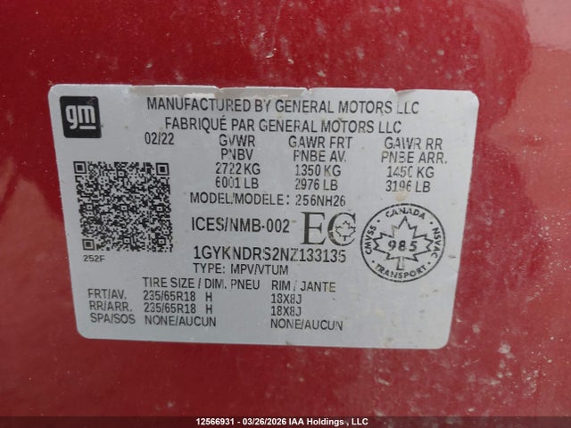 1GYKNDRS2NZ133135 Cadillac Xt5 Premium Luxury