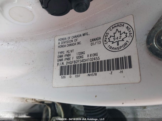 Продаж на аукціоні авто 2013 Honda Civic, vin: 2HGFB2F54DH102455, номер лоту: 12566936