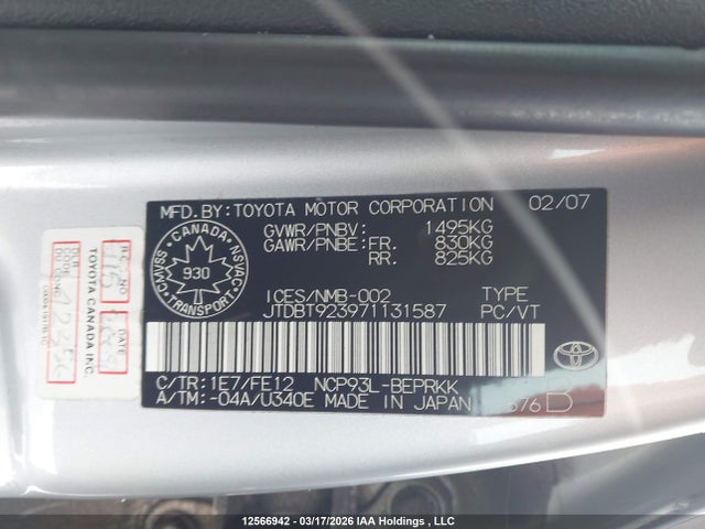 12566942 :رقم المزاد ، JTDBT923971131587 vin ، 2007 Toyota Yaris مزاد بيع