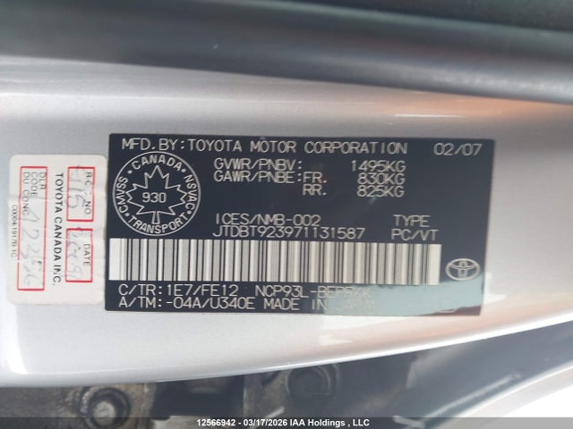 12566942 :رقم المزاد ، JTDBT923971131587 vin ، 2007 Toyota Yaris مزاد بيع