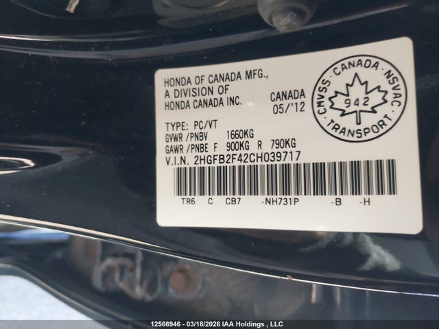 2012 Honda Civic Lx მანქანა იყიდება აუქციონზე, vin: 2HGFB2F42CH039717, აუქციონის ნომერი: 12566946