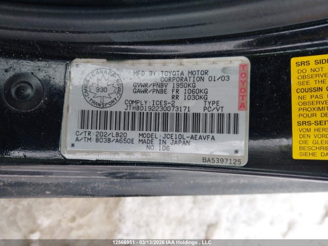 12566951 :رقم المزاد ، JTHBD192230073171 vin ، 2003 Lexus Is 300 Base W/5-speed Auto/base W/5-speed Manual مزاد بيع