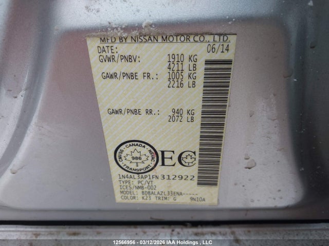 Aukcja sprzedaży 2015 Nissan Altima 2.5/2.5 S/2.5 Sl/2.5 Sv, vin: 1N4AL3AP1FN312922, numer aukcji: 12566956