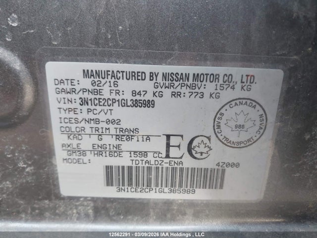 Продаж на аукціоні авто 2016 Nissan Versa Note 1.6 S/1.6 Sl/1.6 Sr/1.6 Sv, vin: 3N1CE2CP1GL385989, номер лоту: 12562291