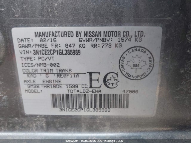 Продаж на аукціоні авто 2016 Nissan Versa Note 1.6 S/1.6 Sl/1.6 Sr/1.6 Sv, vin: 3N1CE2CP1GL385989, номер лоту: 12562291