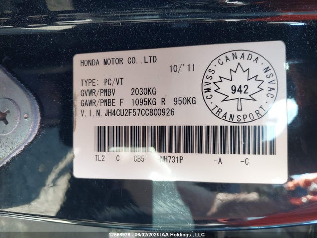 Aukcja sprzedaży 2012 Acura Tsx, vin: JH4CU2F57CC800926, numer aukcji: 12566976