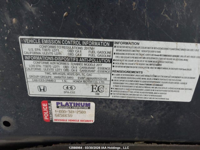 2017 Honda Cr-v Exl მანქანა იყიდება აუქციონზე, vin: 2HKRW2H89HH139313, აუქციონის ნომერი: 12566984