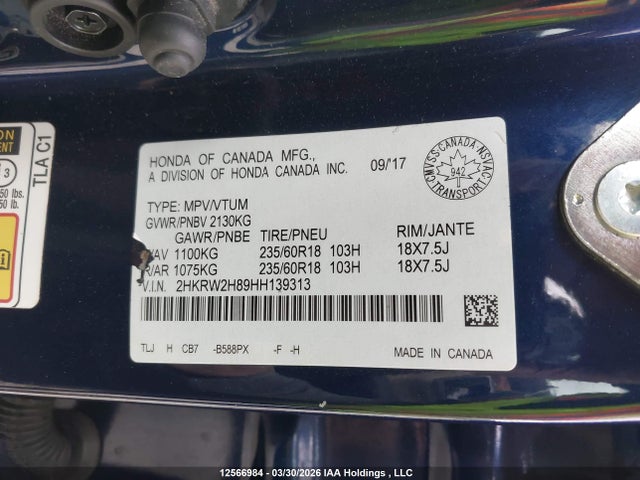 2017 Honda Cr-v Exl მანქანა იყიდება აუქციონზე, vin: 2HKRW2H89HH139313, აუქციონის ნომერი: 12566984