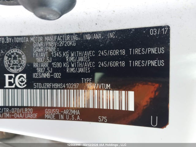 5TDJZRFH9HS410297 Toyota Highlander Xle