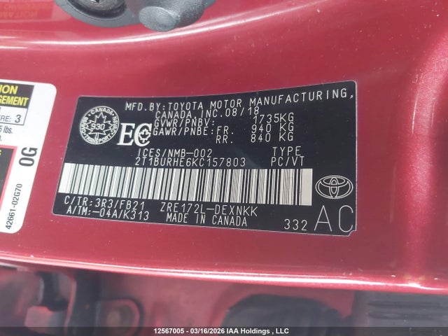 Aukcja sprzedaży 2019 Toyota Corolla L/le/xle/se/xse, vin: 2T1BURHE6KC157803, numer aukcji: 12567005