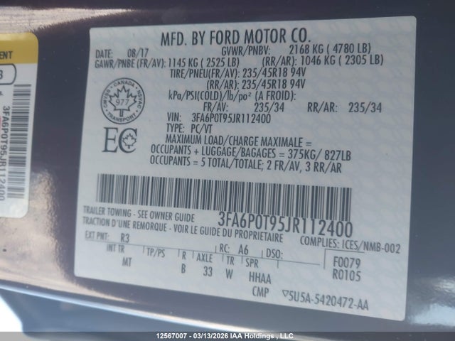 12567007 :رقم المزاد ، 3FA6P0T95JR112400 vin ، 2018 Ford Fusion Se مزاد بيع