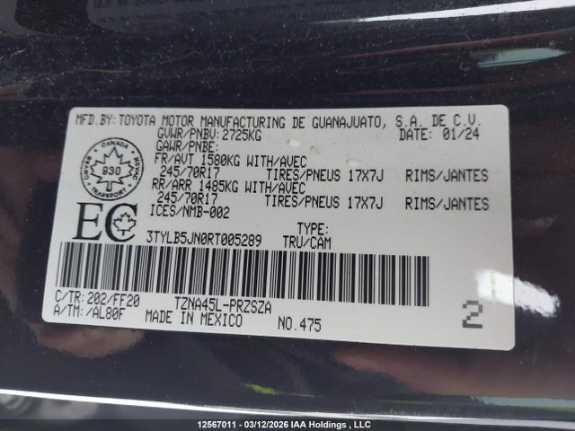 12567011 :رقم المزاد ، 3TYLB5JN0RT005289 vin ، 2024 Toyota Tacoma Double Cab/sr5/trd Sport/trd Off Road/ltd مزاد بيع