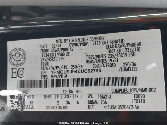 Продажа на аукционе авто 2014 Ford Escape Titanium, vin: 1FMCU9J94EUC62795, номер лота: 12567014