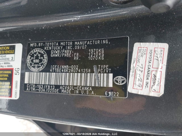 12567021 :رقم المزاد ، 4T1BE46K28U741258 vin ، 2008 Toyota Camry Le مزاد بيع
