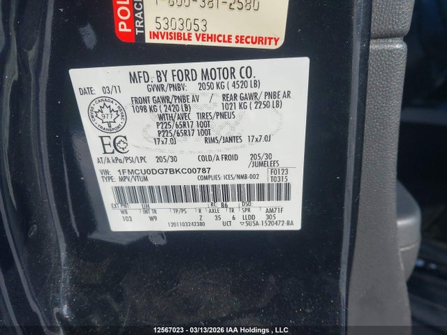 12567023 :رقم المزاد ، 1FMCU0DG7BKC00787 vin ، 2011 Ford Escape Xlt Automatic مزاد بيع