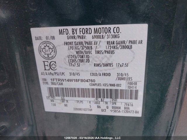 12567028 :رقم المزاد ، 1FTRW14W18FB04760 vin ، 2008 Ford F-150 Xlt مزاد بيع