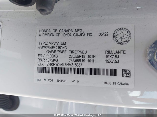 Продаж на аукціоні авто 2022 Honda Cr-v Sport, vin: 2HKRW2H47NH218357, номер лоту: 12567029