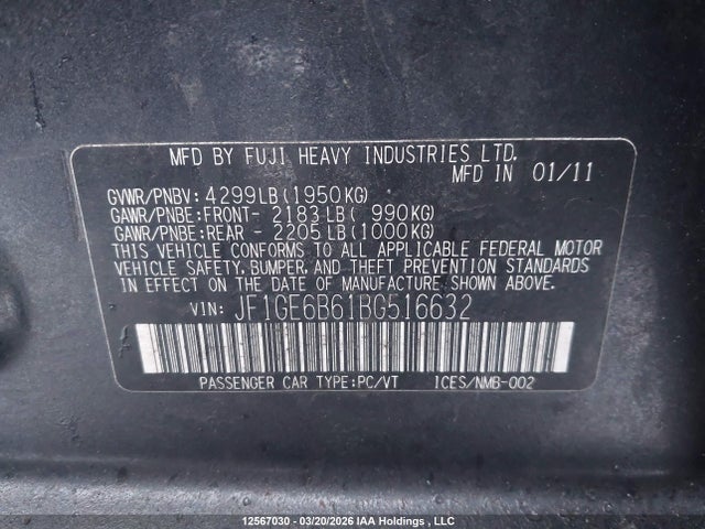 Aukcja sprzedaży 2011 Subaru Impreza 2.5i Premium, vin: JF1GE6B61BG516632, numer aukcji: 12567030