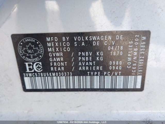 12567034 :رقم المزاد ، 3VWC57BU5KM030373 vin ، 2019 Volkswagen Jetta S/se/r-line مزاد بيع
